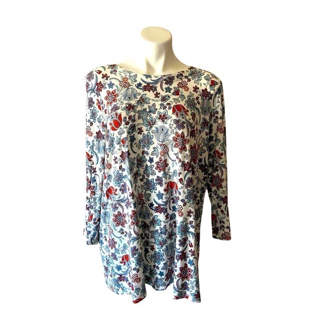J Jill Women’s White And Red Paisley Long Sleeve Blouse Size Large
